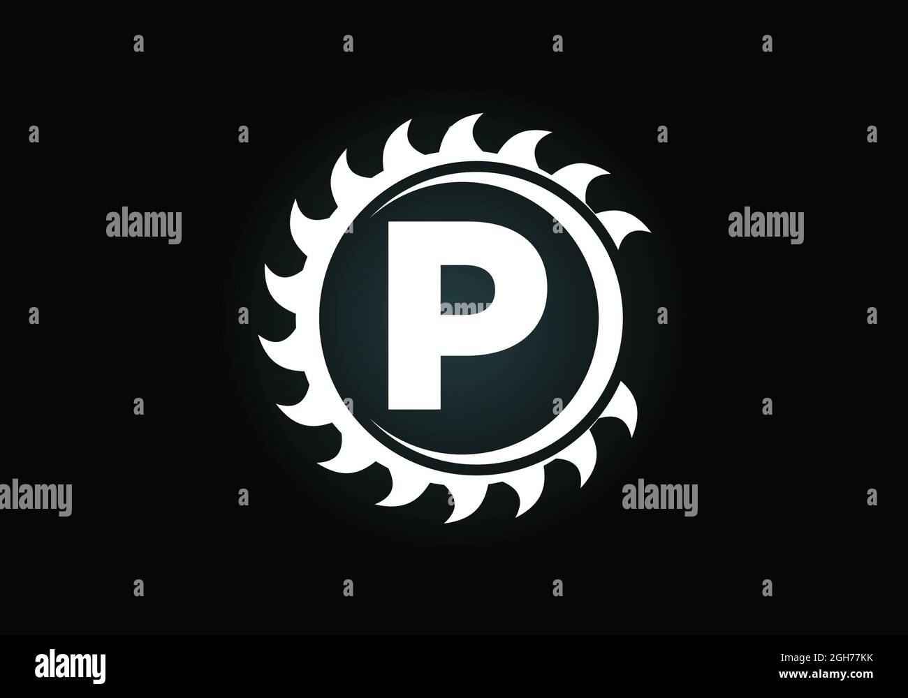 Anfängliches P-Monogramm-Alphabet mit dem Sägeblatt. Zimmerei, Holzbearbeitung Logo-Design. Schrift-Emblem. Modernes Vektor-Logo für Sägewerk Geschäft und Unternehmen Stock Vektor