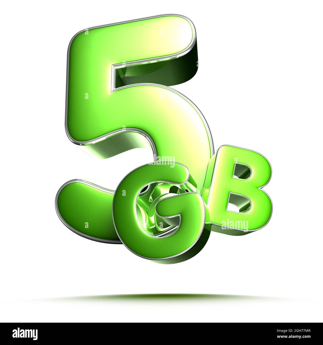5 GB grüne 3D-Abbildung auf weißem Hintergrund mit Beschneidungspfad. Stockfoto