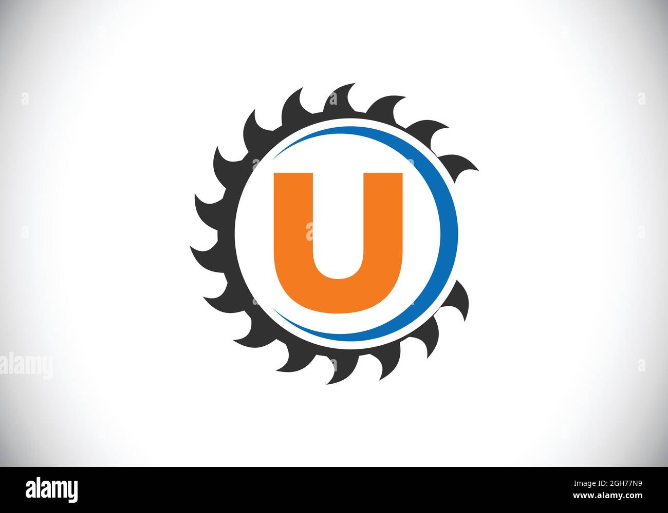 Anfängliches U-Monogramm-Alphabet mit dem Sägeblatt. Zimmerei, Holzbearbeitung Logo-Design. Schrift-Emblem. Modernes Vektor-Logo für Sägewerk Geschäft und Unternehmen Stock Vektor