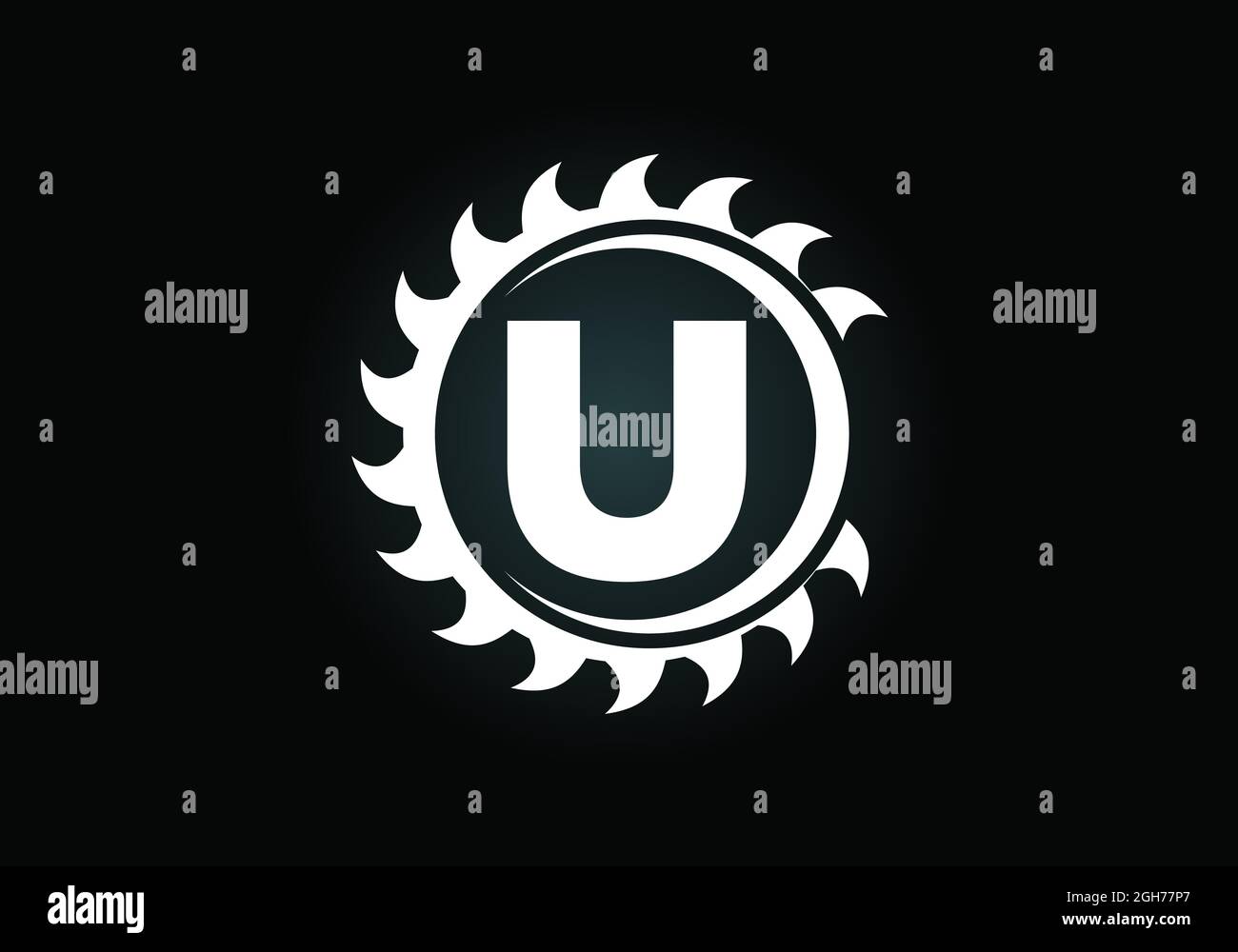 Anfängliches U-Monogramm-Alphabet mit dem Sägeblatt. Zimmerei, Holzbearbeitung Logo-Design. Schrift-Emblem. Modernes Vektor-Logo für Sägewerk Geschäft und Unternehmen Stock Vektor