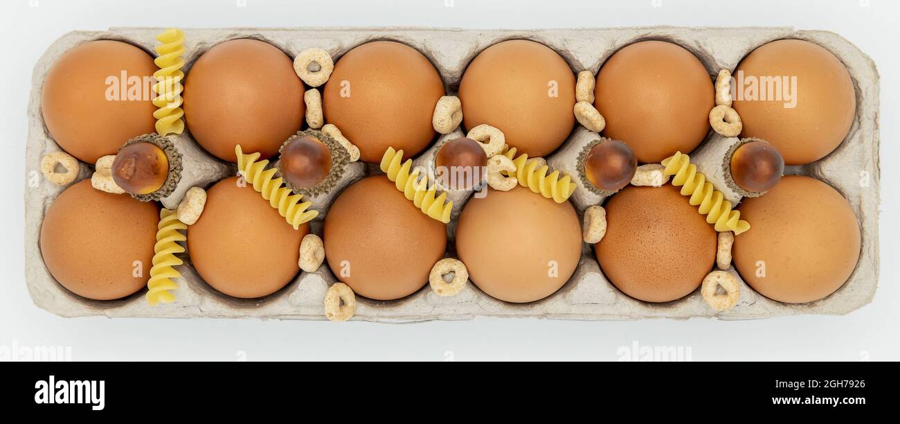 Hühnereier sind mit trockenen Rotini, dekorativen Eicheln und Cheerios auf weißem Hintergrund verpackt Stockfoto