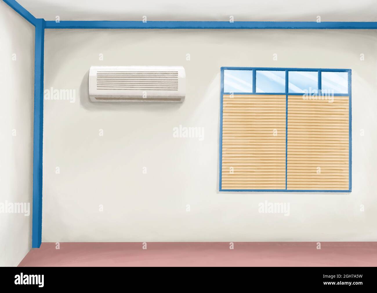 Interieur Wohnzimmer, eine digitale Malerei der Wand des Schlafzimmers mit Sonnenjalousien und Klimaanlage Raster 3D-Illustration anime Hintergrund. Stockfoto
