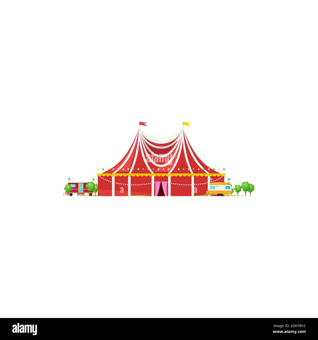 Chapito Zirkuszelt mit gestreiftem Dach und Flagge auf einem isolierten Gebäude. Vector Magic Travelling cirque gestreiftes Zelt. Markise Ikone, Fassade von Entertainm Stock Vektor