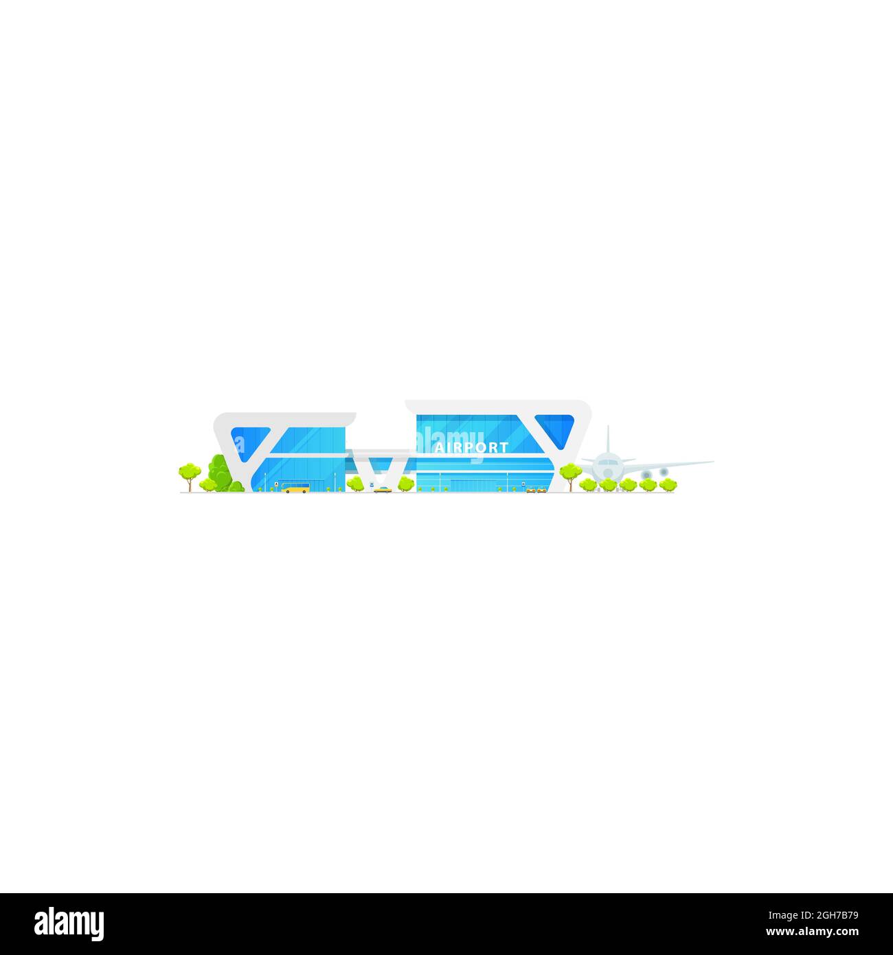 Gebäude am Flughafenterminal und isolierte Flugzeuge. Vector Glas Flughafenbau, öffentliche Busse und Taxis, Flughafeneingang. Intern Stock Vektor