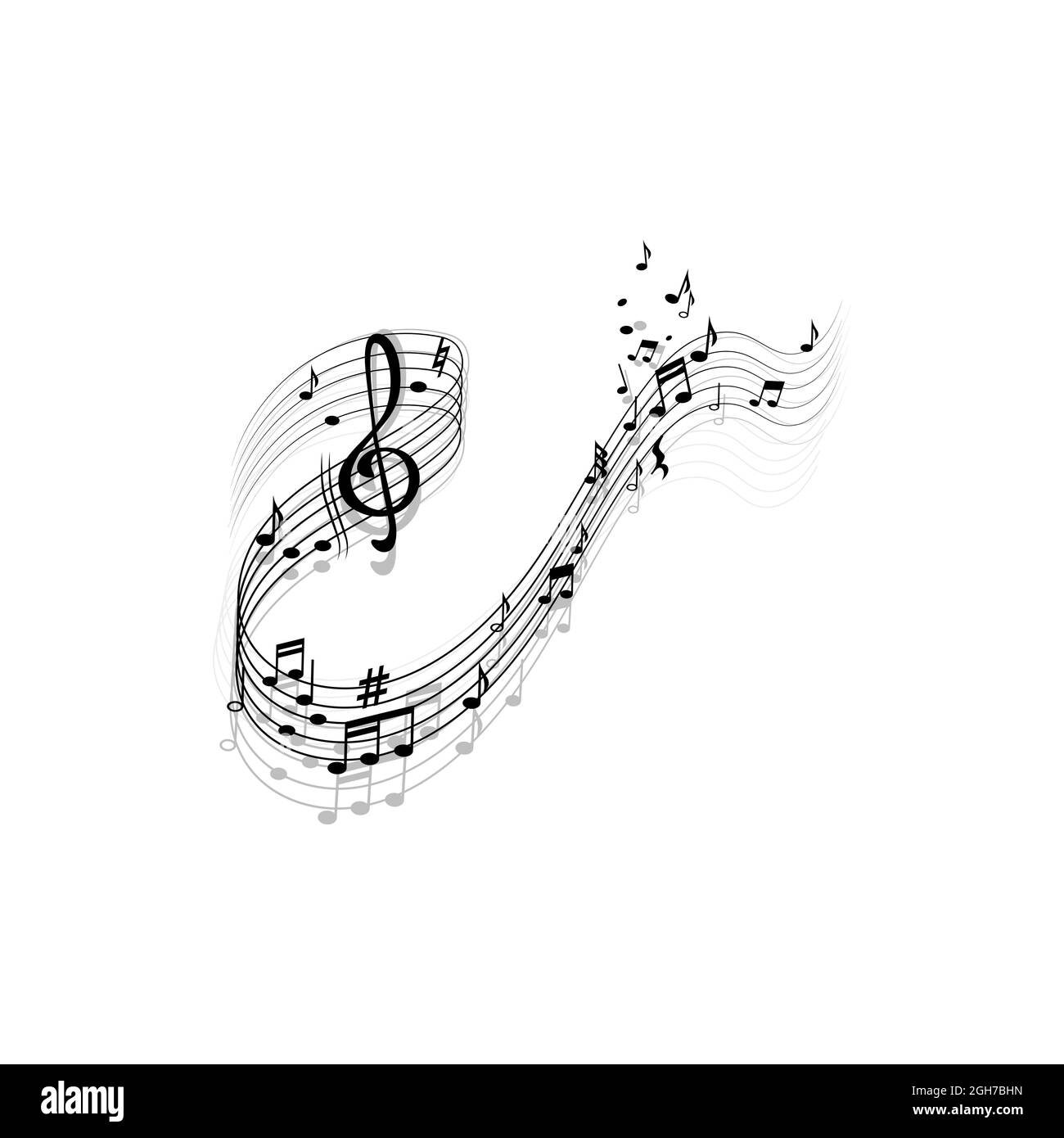 Song komponierende Linien, Melodieelemente Höhen-Schlüssel und Noten isoliert Symbol mit Reflexionsschatten. Vektornoten auf Notenblatt, Bassmelodie-Quaver oder Stock Vektor