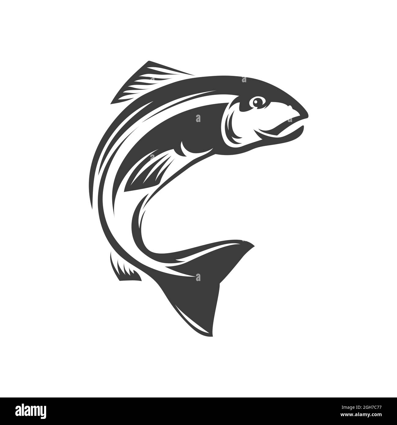 Lachs gerönte Fische isoliert Fischerei Maskottchen monochrome Ikone. Vector Forelle Fisch Äsche Weißfisch Saibling Sporttrophäe. Unterwasser-Tier, Sal Stock Vektor