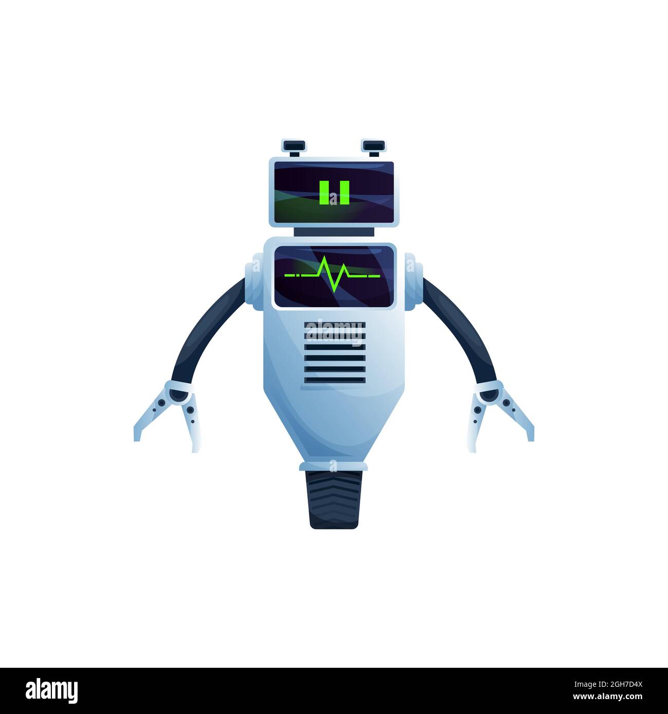 Roboter mit zwei Greifern an den Händen, bewegen sich auf einem Rad isoliert futuristischen Charakter. Vector freundliche bot, moderne Kinder Spielzeug, Lader ai Maschinenhelfer. Singen Stock Vektor