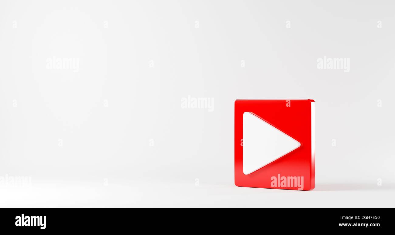 Rote Play-Taste Video-Symbol Social-Media-Zeichen-Player-Symbol-Logo auf weißem Hintergrund für Website-Design und mobile App-Entwicklung, 3D-Rendering illust Stockfoto
