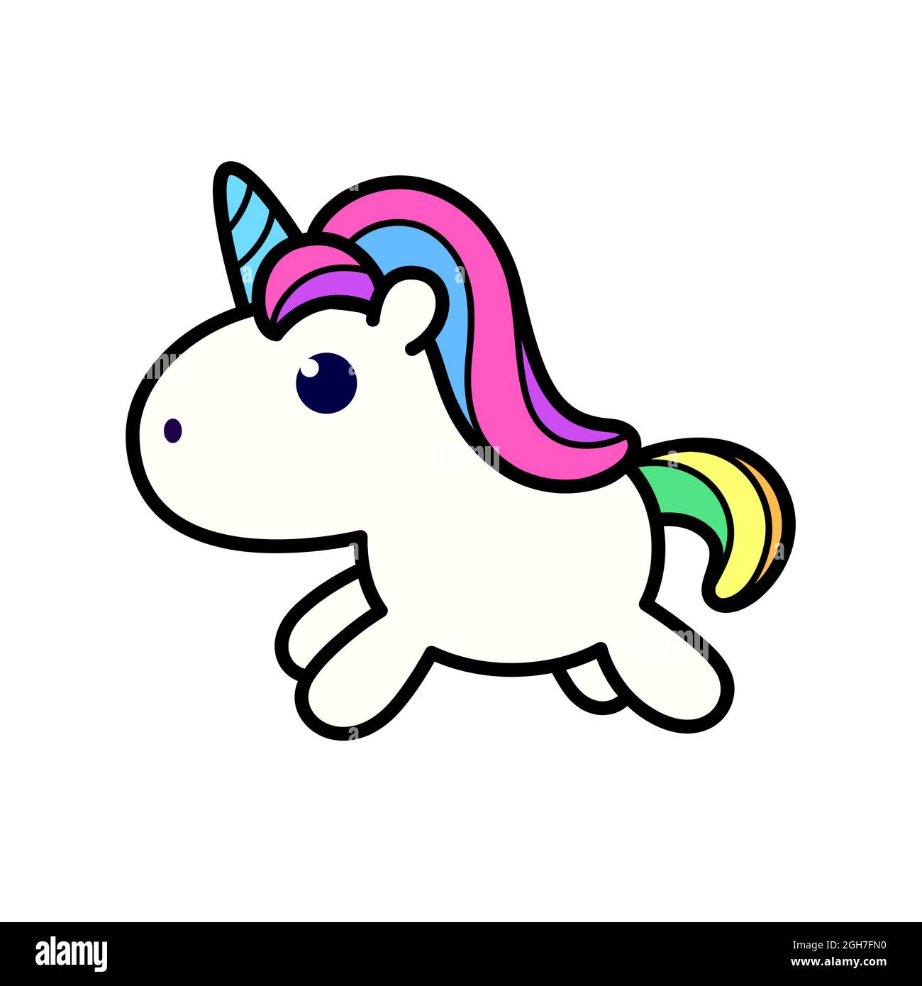 Tierischer Charakter. Ein Einhorn in bunten Haaren und Schwanz läuft auf weißem Hintergrund. Stock Vektor