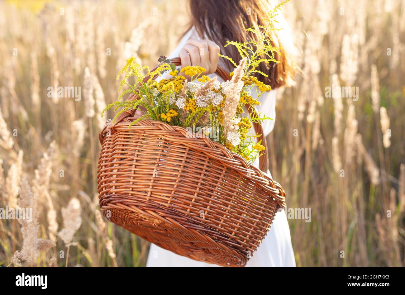Retro aussehende Frau mit einem Korb von Blumen, Kräutern. Nahaufnahme Stockfoto