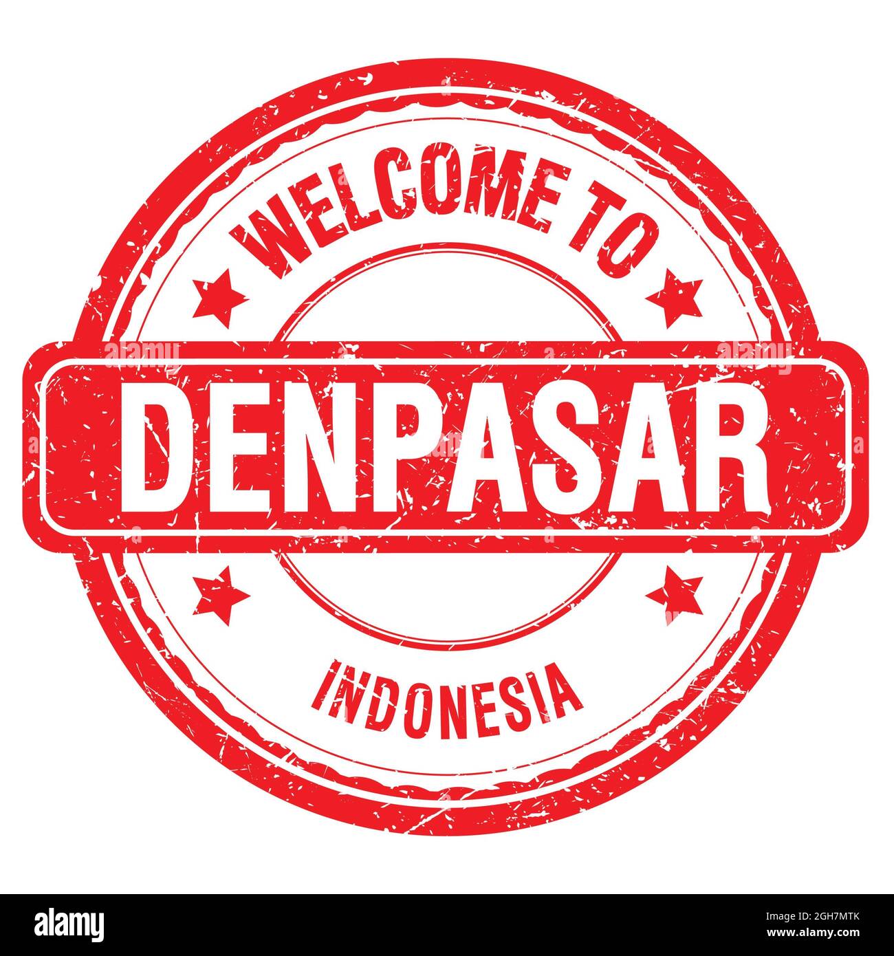 WILLKOMMEN IN DENPASAR - INDONESIEN, Worte auf rotem grungy Stempel geschrieben Stockfoto