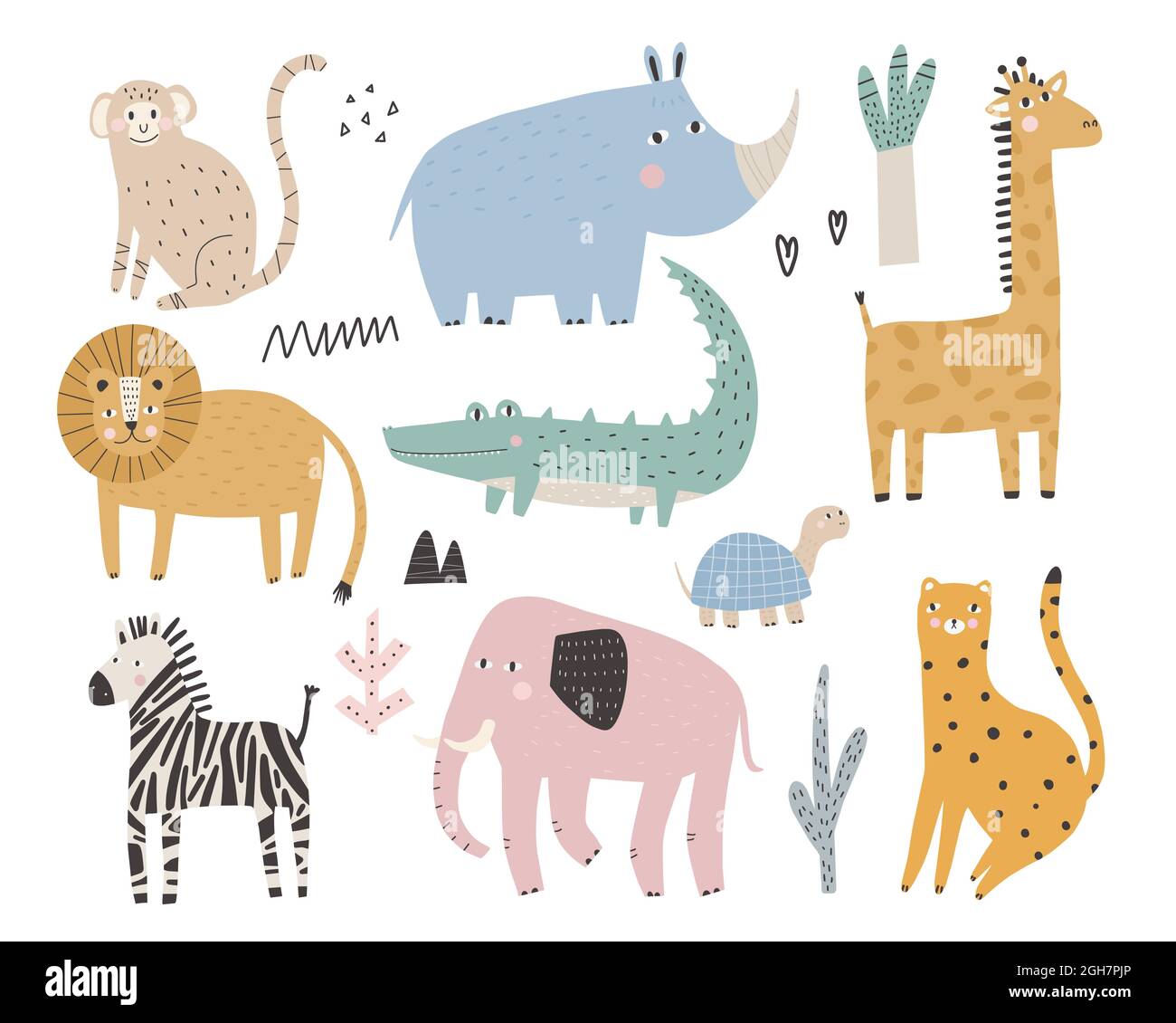 Niedliche afrikanische Tiere und Pflanzen im skandinavischen Stil Vektor handgezeichnete farbige Kinder einfaches Set Elefant, Leopard, Schildkröte, Zebra, Affe Stock Vektor