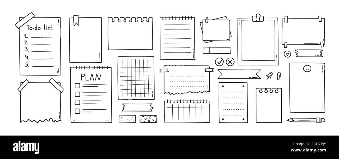 Handgezeichnete Notizblätter, Haftnotiz, Erinnerung, To-Do-Liste, Klebeband und Stifte. Bullet Journal-Elemente im Doodle-Stil. Vektordarstellung in Stock Vektor