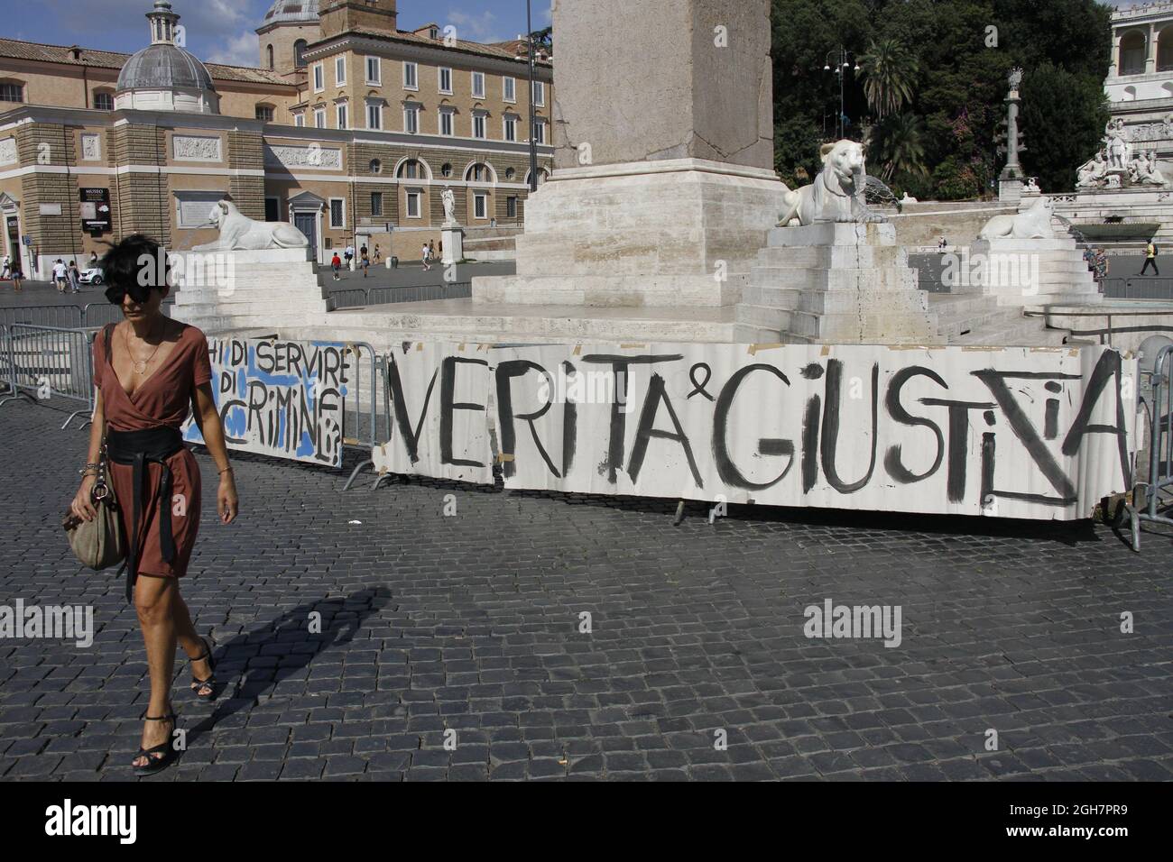 5. September 2021 - kein Vax-Protest auf der Piazza del Popolo in Rom, Italien Stockfoto