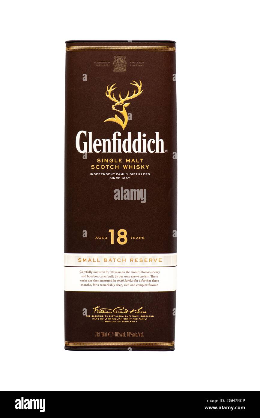 Schachtel mit 18 Jahre altem Glenfiddich Single Malt Scotch Whisky Stockfoto