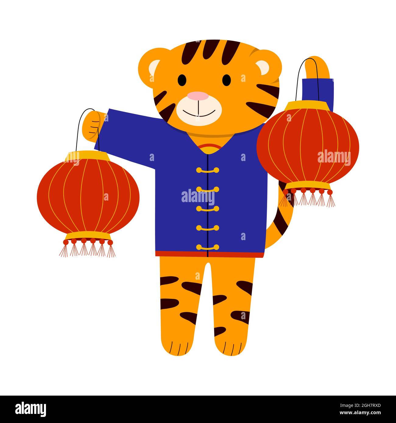Cartoon-Illustration für Kinder, Chinesisches Neujahr. Ein Tiger und eine chinesische Laterne. Vektor auf weißem Hintergrund isoliert Stock Vektor