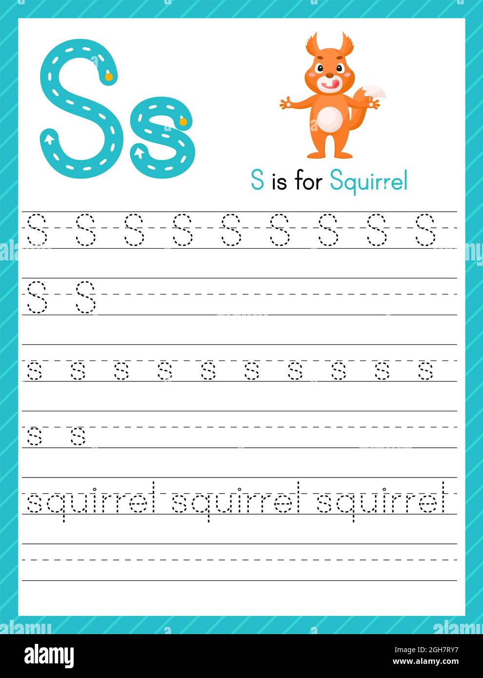 Trace Letter S Groß- und Kleinschreibung. Alphabet Tracing Praxis Vorschule Arbeitsblatt für Kinder Englisch lernen mit niedlichen Cartoon Tier. Aktivität pag Stock Vektor