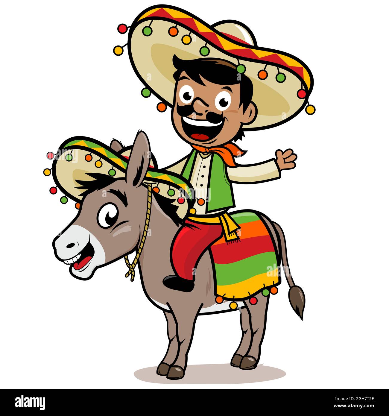 Mexikanischer Comic-Mann mit traditioneller Tracht und Sombrero, der auf einem Esel reitet. Cinco de Mayo Partyfeier. Stockfoto