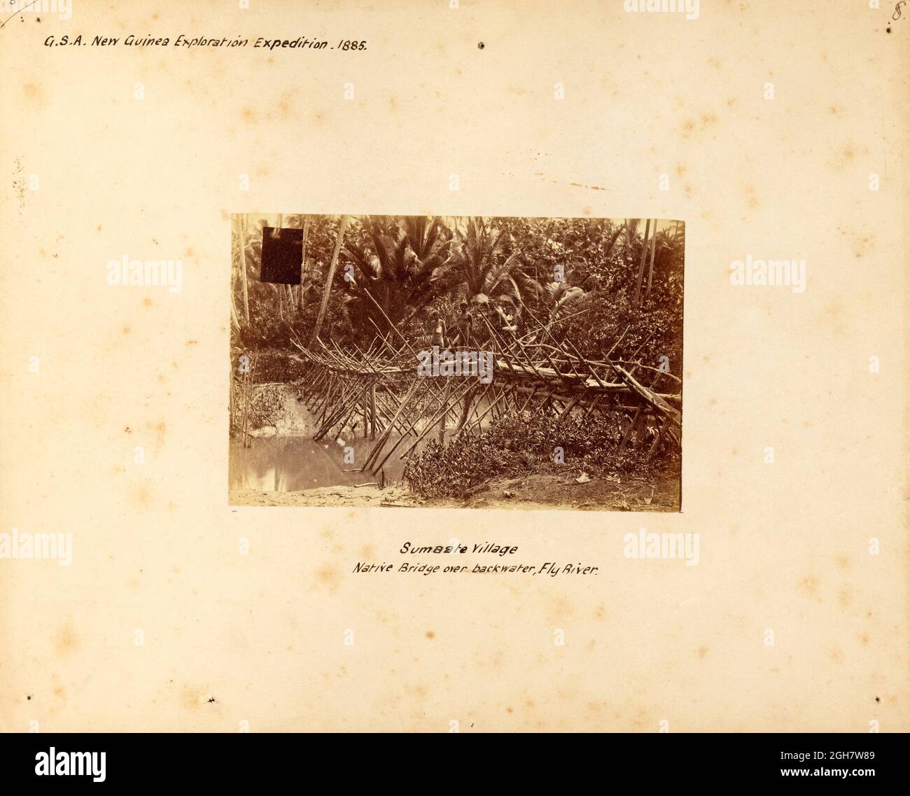 Ureinwohner auf einer Brücke über ein Rückwasser des Fly River in Papua-Neuguinea während der G.S.A. (Geographic Society of Australasia) Neuguinea Exploring Expedition 1885 Stockfoto