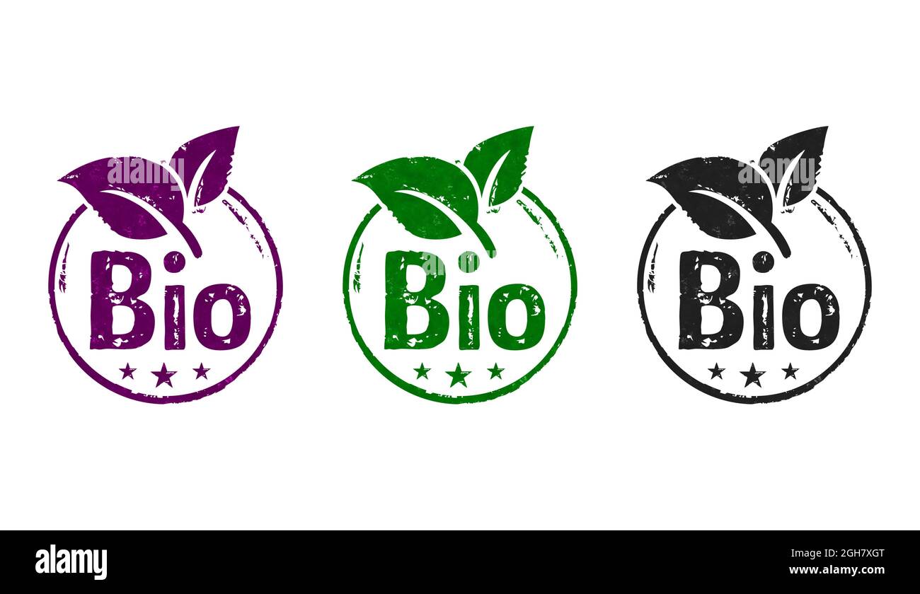 Bio-Stempel-Symbole in wenigen Farbversionen. Ökologie, Umwelt, natürliche Ernährung, Bio-und gesunde Ernährung Konzept. Stockfoto