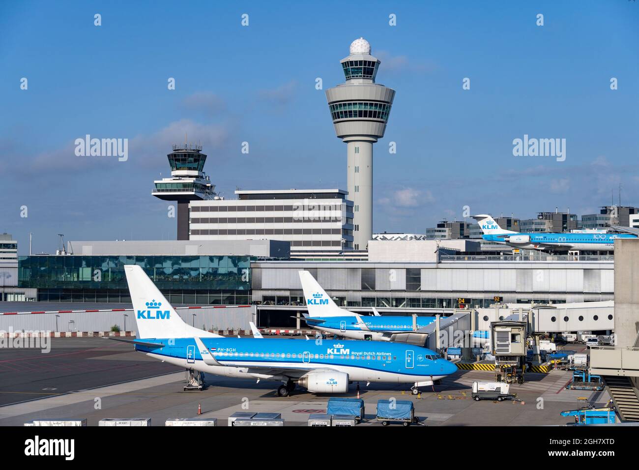 KLM-Flugzeuge am Flughafen Schiphol in Amsterdam, den Niederlanden, Europa Stockfoto