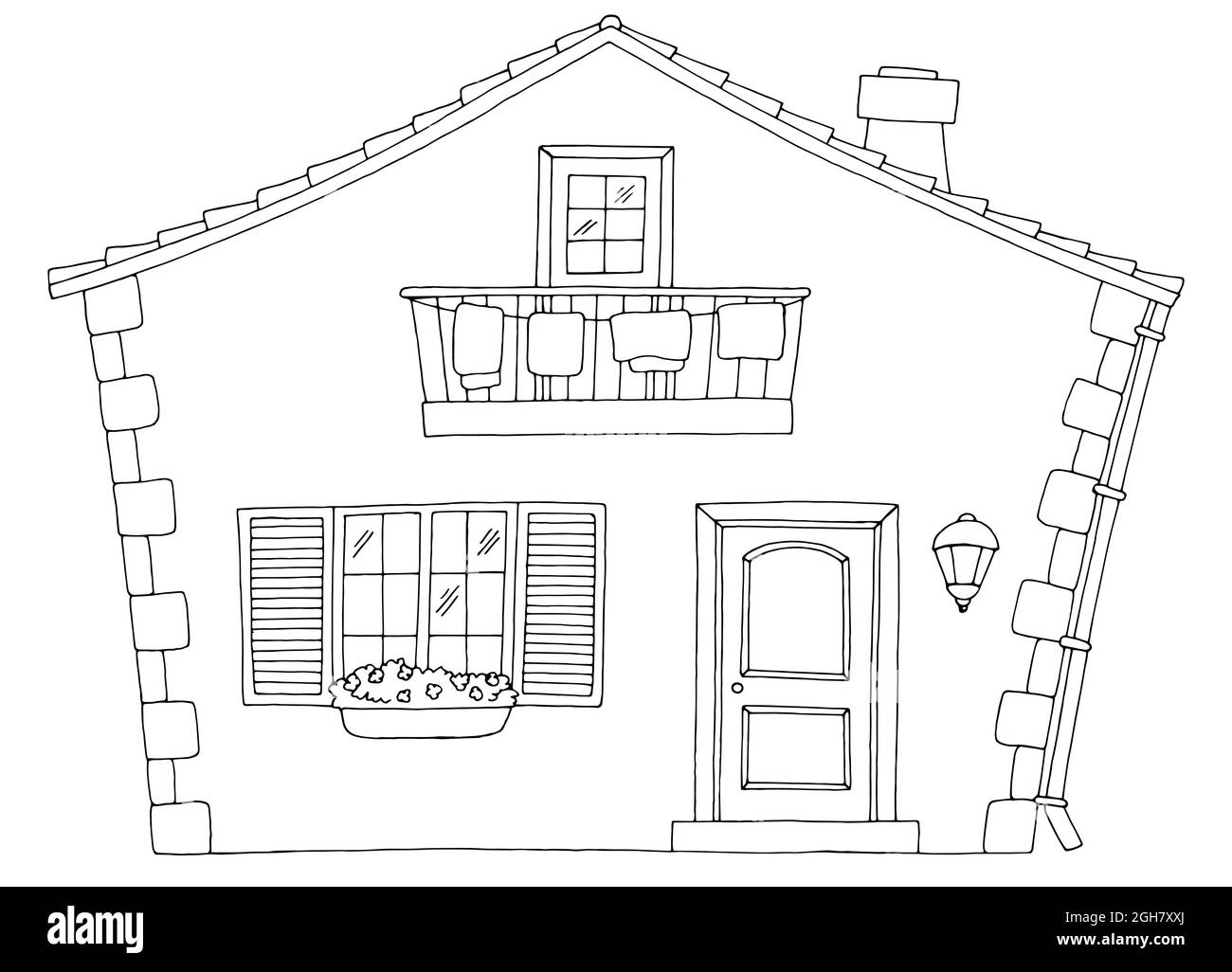 Haus außen Grafik schwarz weiß isoliert Skizze Illustration Vektor Stock Vektor
