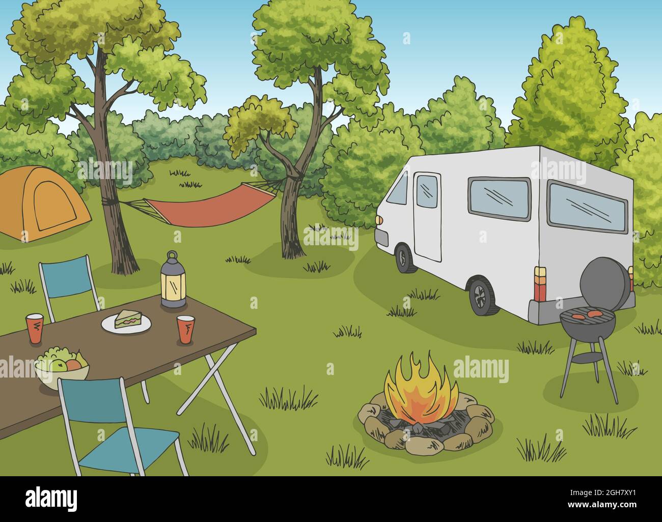 Camping Grafik Farbe Landschaft Skizze Illustration Vektor Stock Vektor