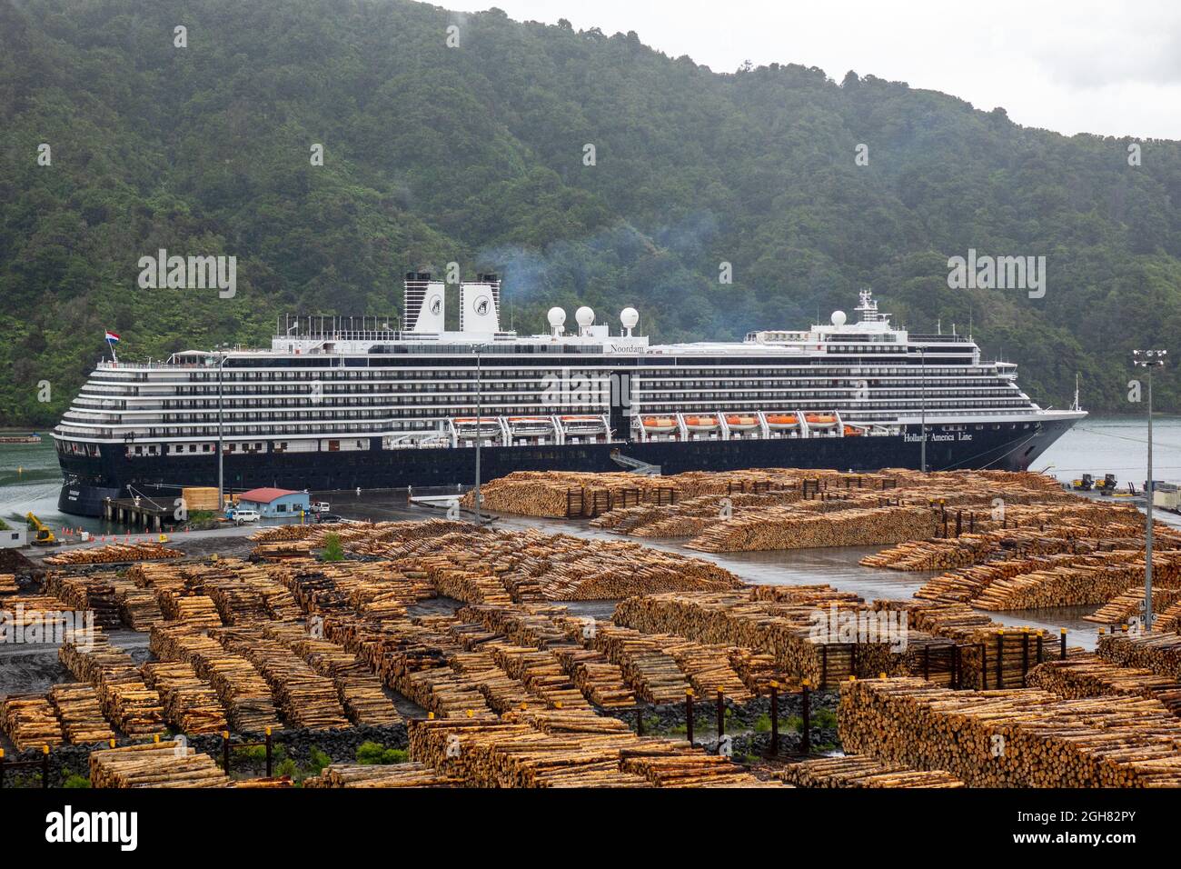 Holland America MS Noordam im Hafen von Marlborough Picton Neuseeland Export Tree Logs Holzholz am Kai Stockfoto