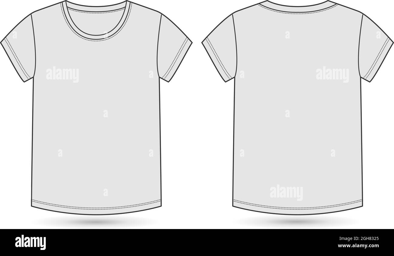 Regular Fit Kurzarm Basic T-Shirt Vektor-Vorlage für Damen und Mädchen. Technische Mode flach Skizze Rundhalsausschnitt Illustration Nachbildung. Stock Vektor