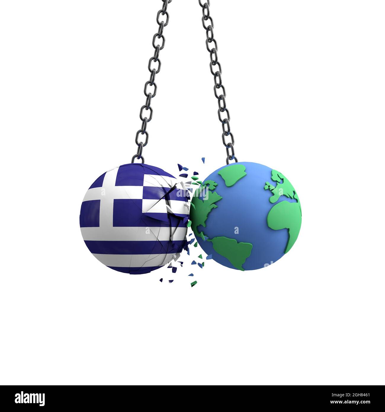 Der Ball der griechischen Flagge trifft den Planeten Erde. Konzept für die Umweltverträglichkeit. 3D-Rendering Stockfoto