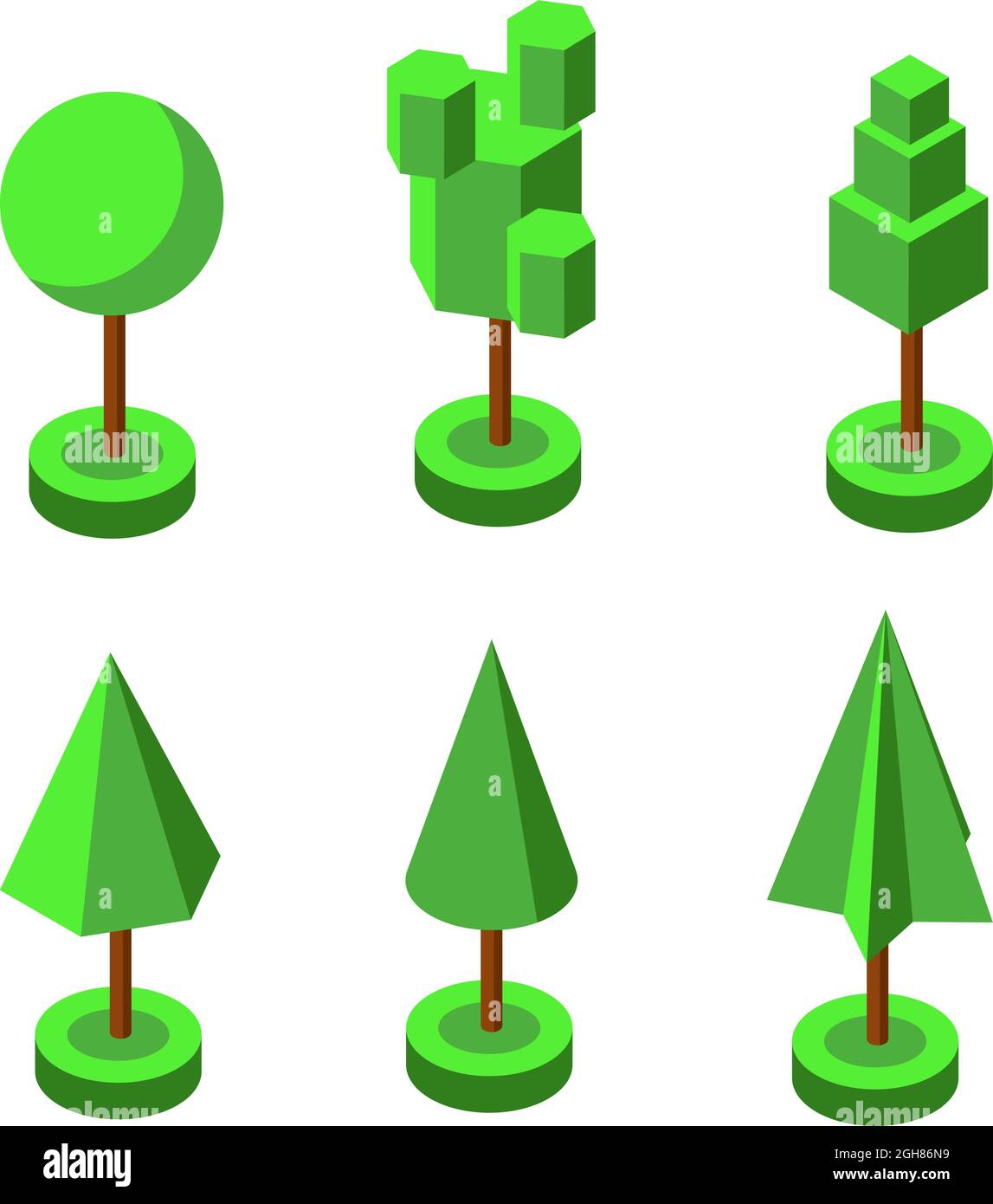 Isometrische 3d Vektor Park und Garten Bäume und Sträucher. Sammlung von grünen Waldpflanzen. Darstellung der grünen Baum- und Buschumgebung. Dodle-Element Stock Vektor