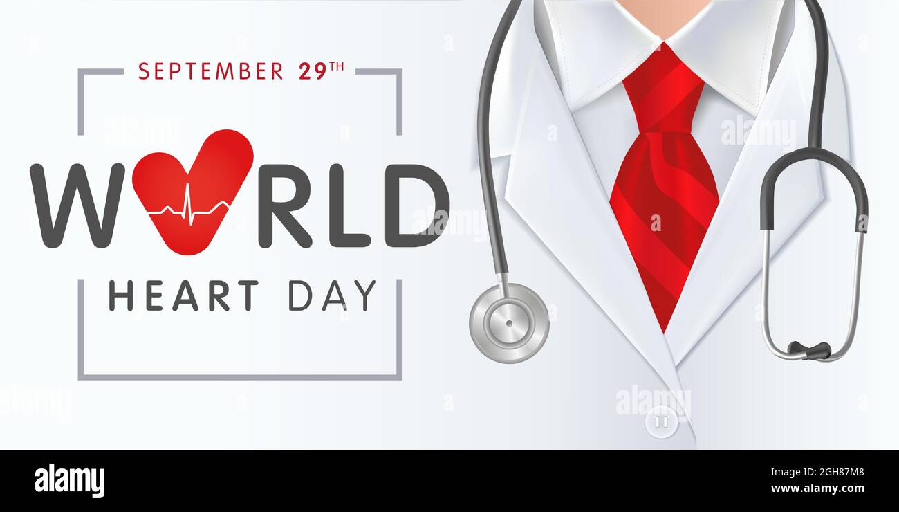 World Heart Day Hintergrund mit Arzt, Stethoskop und rot gestreifter Krawatte. Vektordarstellung Konzept für Heart Day Banner mit Herz-Puls-Kurve Stock Vektor