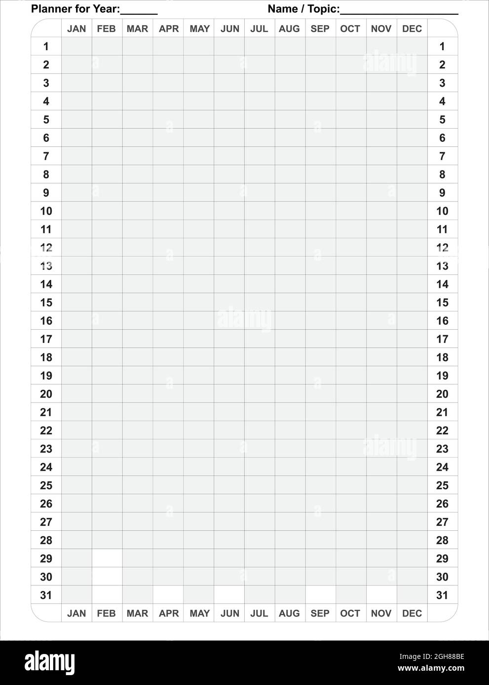 Schwarzweiß Common Vertical Planner kann für jedes Jahr und an jedem Ort der Welt verwendet werden und kann als Vektordatei in jeder Größe nach Bedarf gedruckt werden Stock Vektor