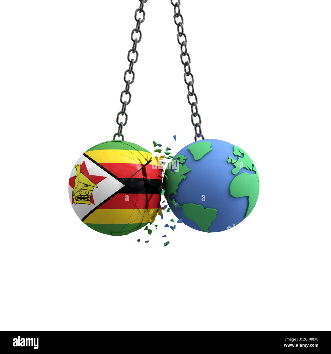 Zimbabwe Flag Ball trifft den Planeten Erde. Konzept für die Umweltverträglichkeit. 3D-Rendering Stockfoto