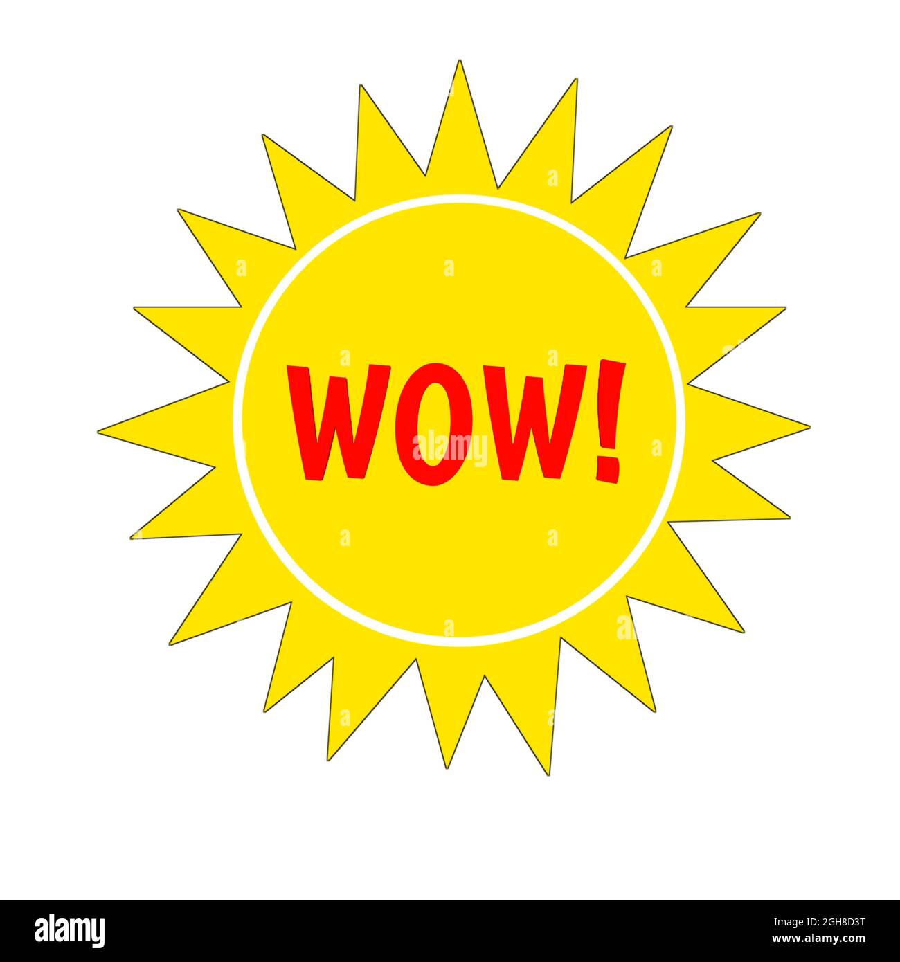 WOW Message 3d Speech Golden Star Label. Aufkleber oder Symbolgrafik in roten Buchstaben Stockfoto