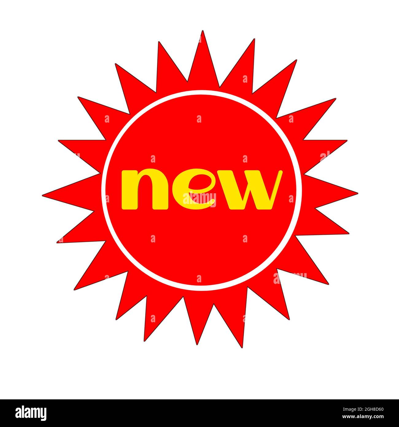 Neues Web Icon 3d. Ein isoliertes Etikett, Aufklebergrafik in rotem Stern in gelben Buchstaben. Werbung für Unternehmen und Finanzförderung Stockfoto