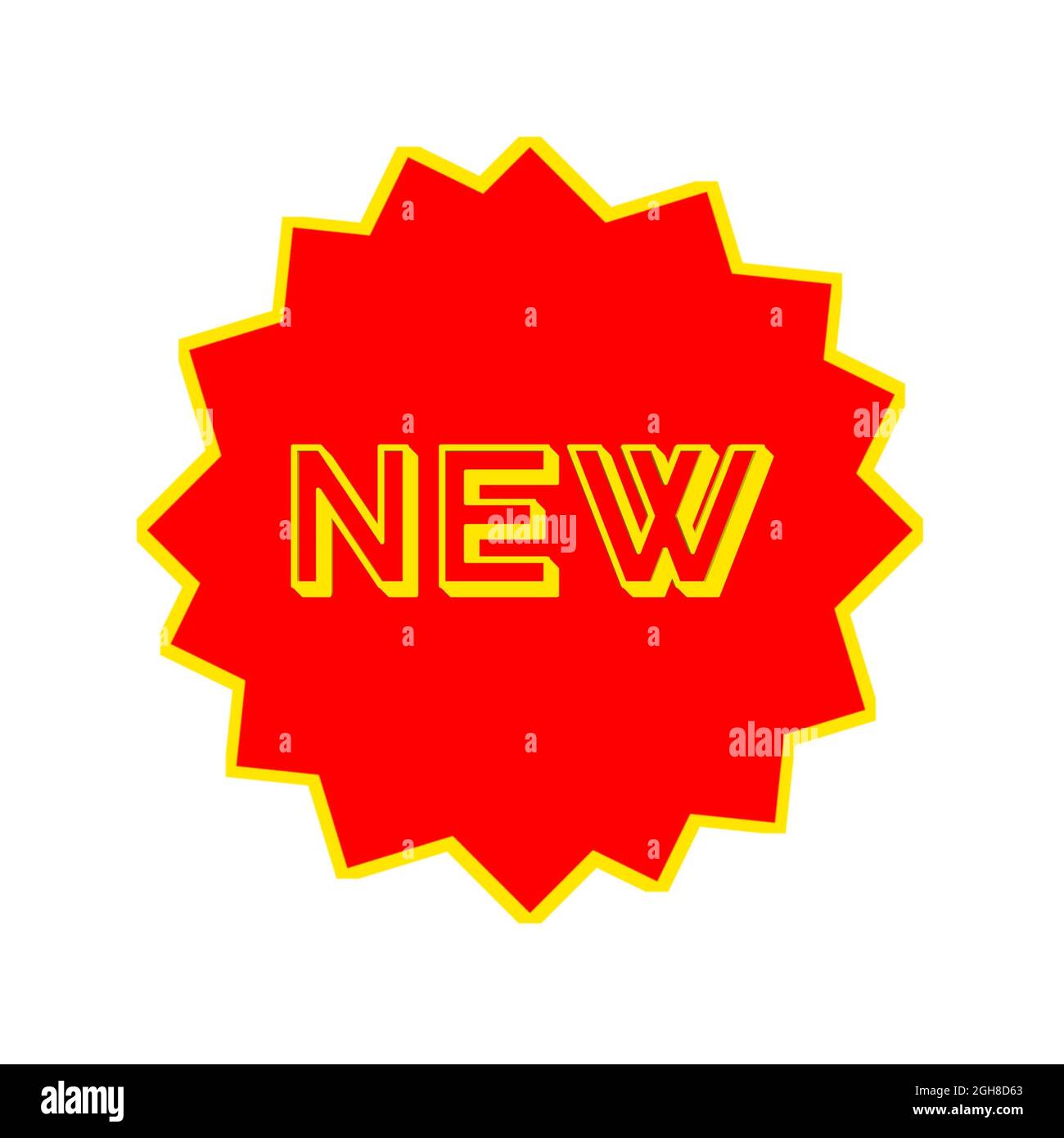 Neues Web Icon 3d. Ein isoliertes Etikett, Aufklebergrafik in rotem Stern in gelben Buchstaben. Werbung für Unternehmen und Finanzförderung Stockfoto
