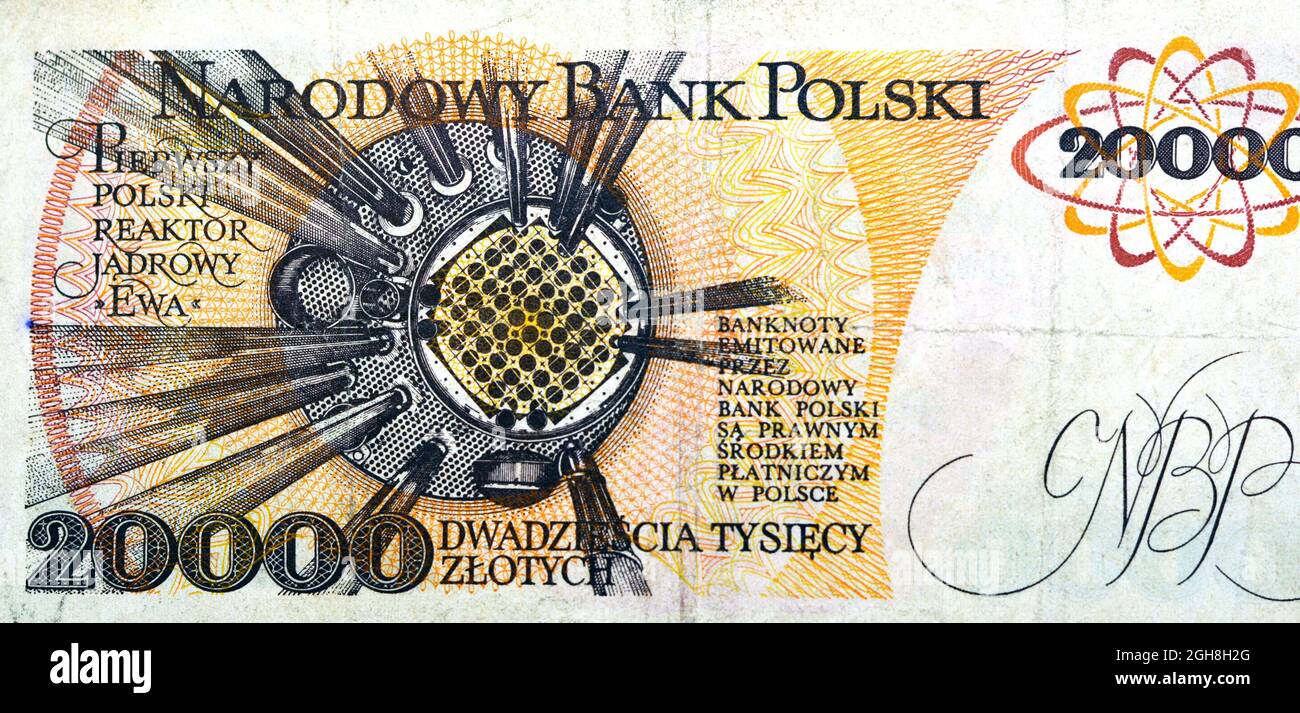 Großes Fragment der Rückseite von 20000 20.000 alten polnischen Zlotych-Banknotenwährung, Jahr 1989 mit Bild des ersten polnischen Kernreaktors EWA Stockfoto