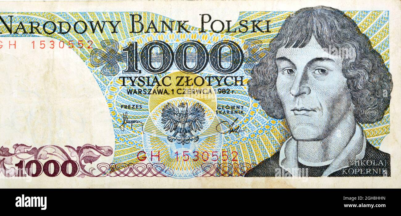 Großes Fragment der obversen Seite von 1000 eintausend alten polnischen Zlotych-Banknotenwährung, Jahr 1982 mit Porträt von Nicolaus Copernicus (Mikolaj Kope Stockfoto