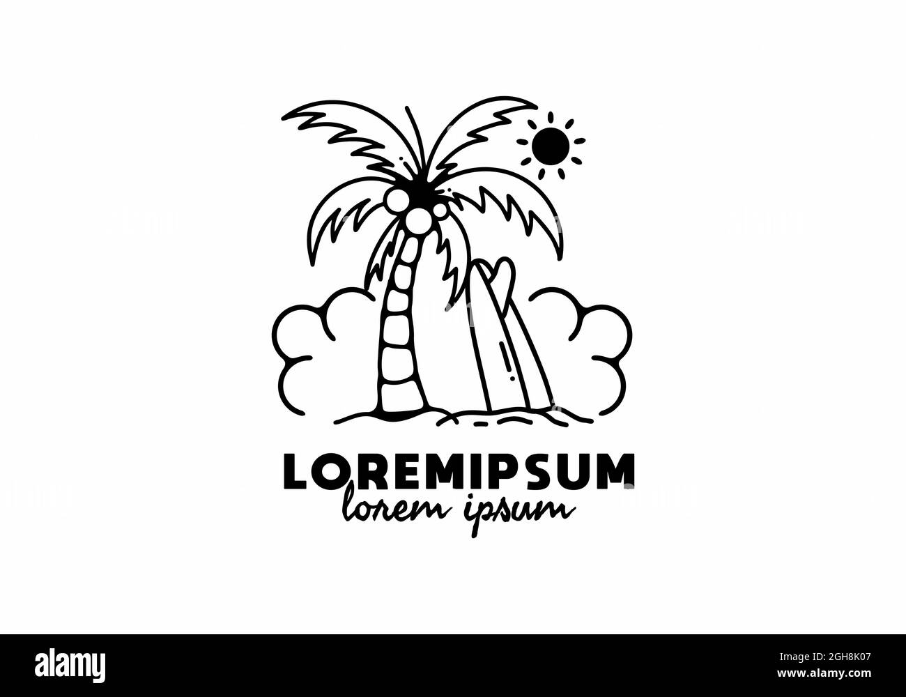 Surfbrett auf Sand im Kokosnussbaum-Design Stock Vektor