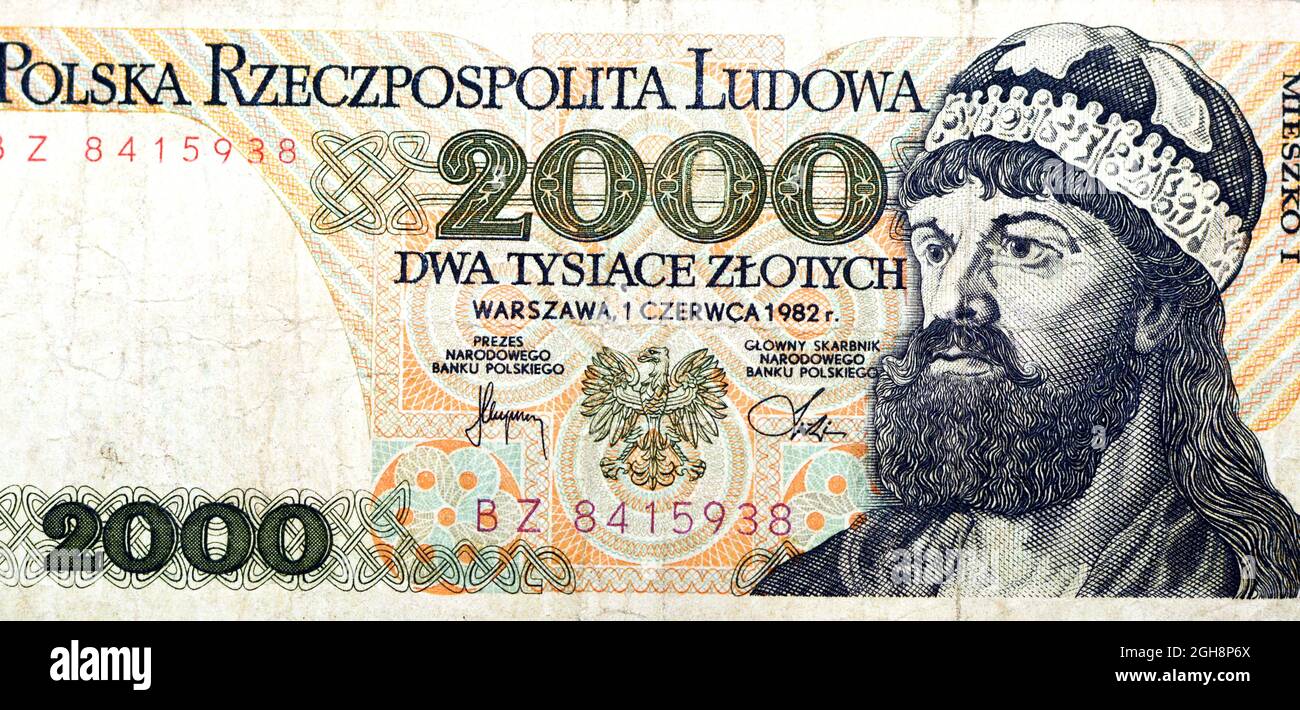 Großes Fragment der obversen Seite von 2000 zweitausend alten polnischen Zlotych-Banknotenwährung, Jahr 1982, mit dem Porträt von Herzog Mieszko I., dem alten polnischen ZL Stockfoto