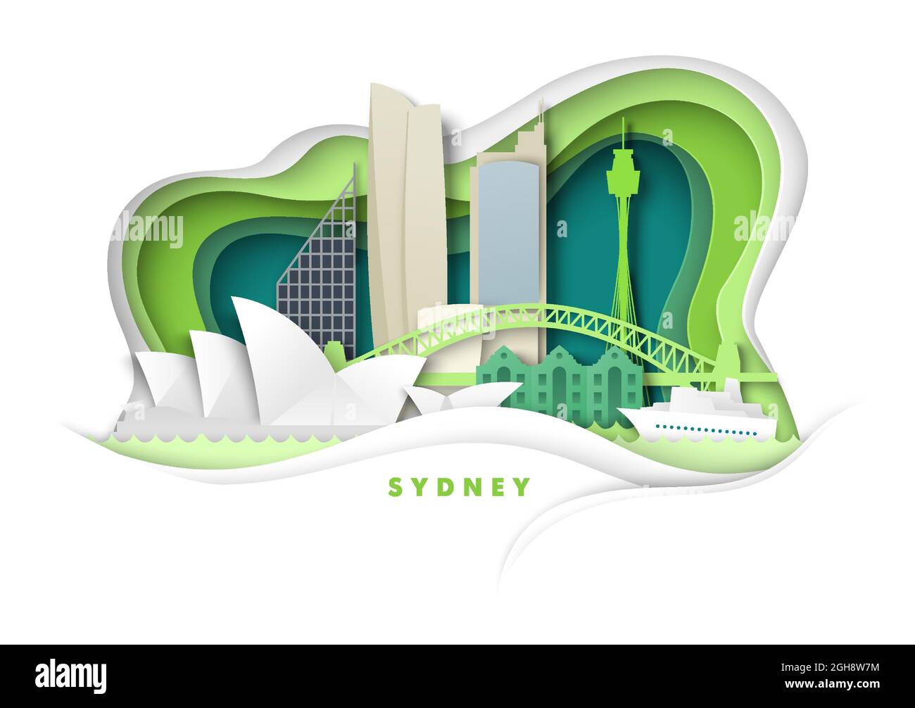 Sydney City, Australien, Vektor-Papier Schnitt Illustration. Harbour Bridge, Opera House weltberühmte Wahrzeichen. Reisen weltweit Stock Vektor