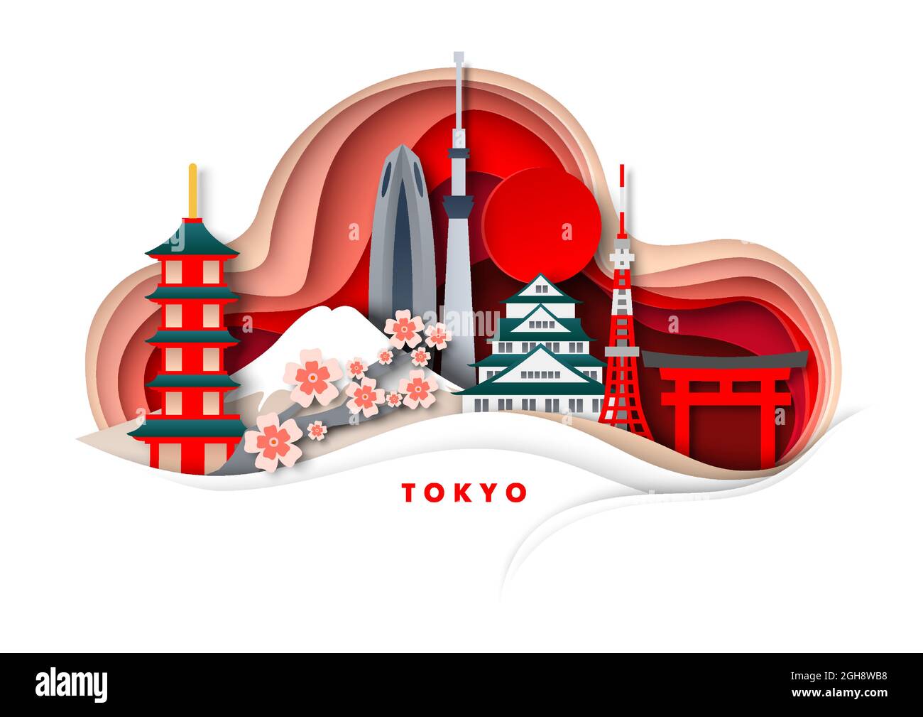 Tokio Stadt, Vektor Papier Schnitt Illustration. Tempel, Turm, Japan berühmte Wahrzeichen und Touristenattraktionen. Reisen weltweit Stock Vektor