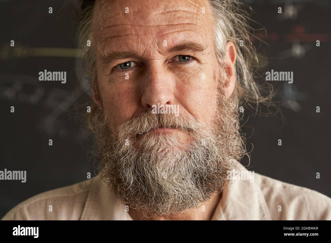 Porträt eines Mannes mittleren Alters mit Bart und grauen Haaren. Der Mann hat ein ernsthaftes Gesicht und einen intensiven Blick. Stockfoto
