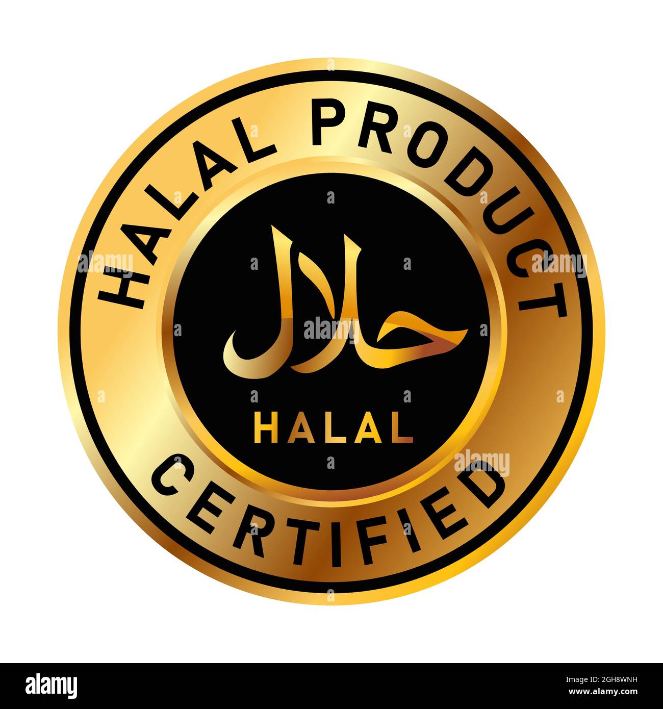 Gold Halal Lebensmittelmarke Islam Muslim genehmigt Produkt-Abzeichen Aufkleber in goldenem Premium-Design weißen Hintergrund Stock Vektor