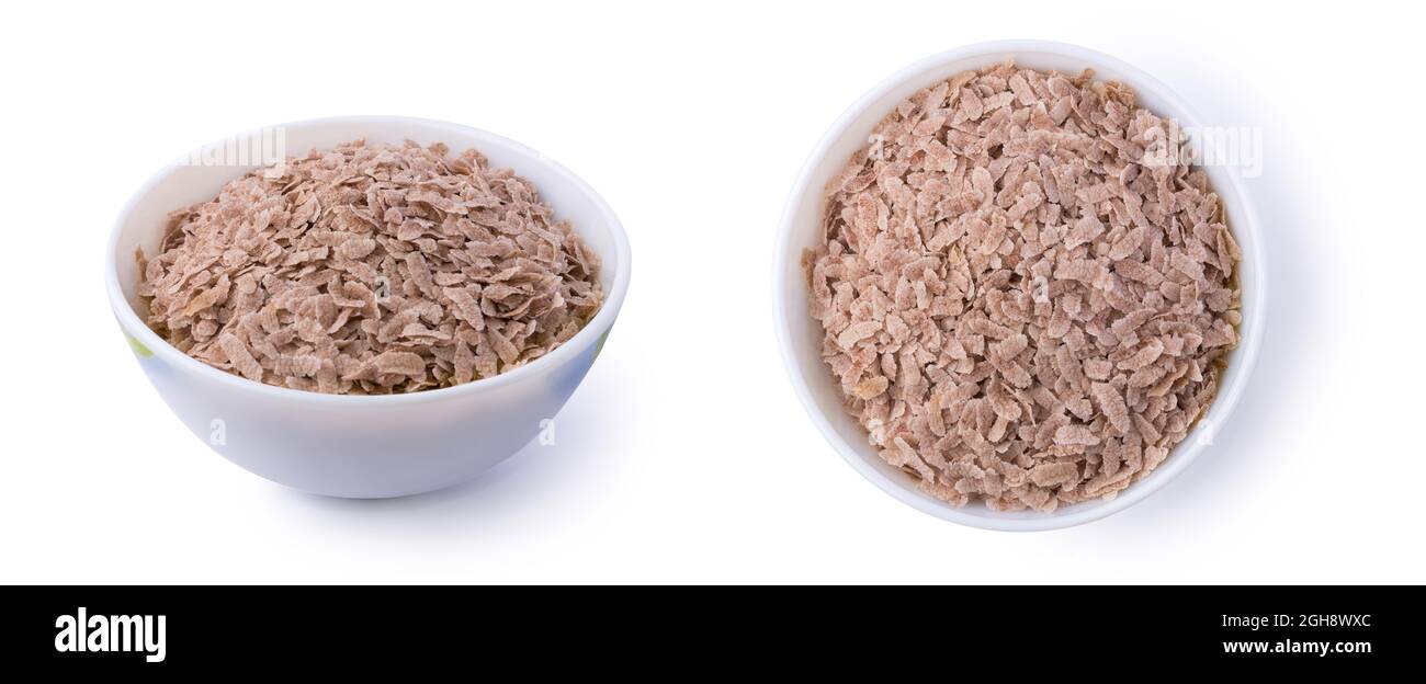Satz von abgeflachtem Reis auch als ausgetrockneter oder geschlagenen Reis in einer Schüssel bekannt, parboiled und getrocknet, Flocken wie Reis allgemein genannt Poha oder aval in indischen sub Stockfoto