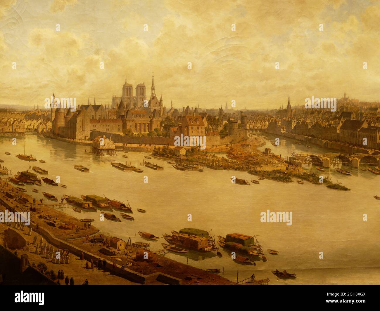 Vue panoramique de Paris en 1588 depuis les toits du Louvre avec le Pont-Neuf en construction Stockfoto