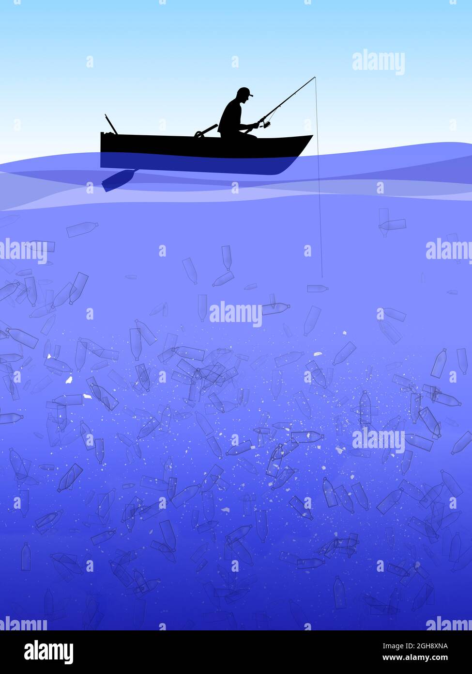 Fischer versucht, verschwundene Fische in einem Plastikmeer zu fangen Stockfoto