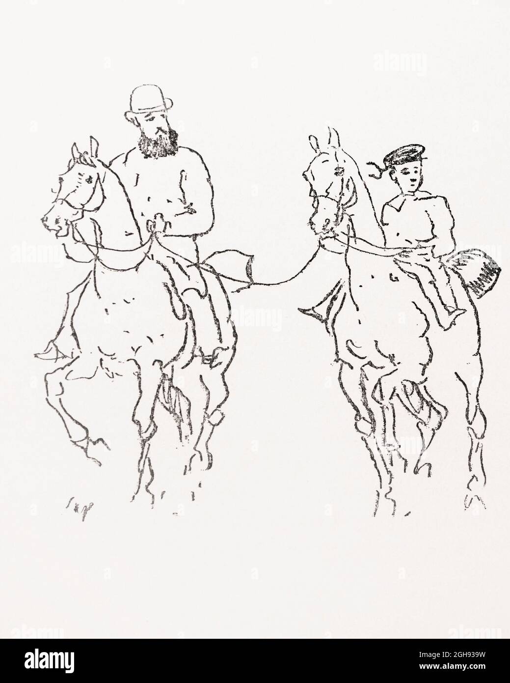 Henri Toulouse-Lautrec, 1864 - 1901, französischer Künstler des Post-Impressionismus, mit seinem Vater um 1875 zu Pferd reitet. Nach einer Skizze von Rene Princeteau. Princeteau, 1843 - 1914, ein Taubstummer von Geburt an, war als Reitermaler bekannt. Er war ein Freund von Lautrecs Vater, Alphonse, und hatte einen Einfluss auf den jungen Henri. Stockfoto