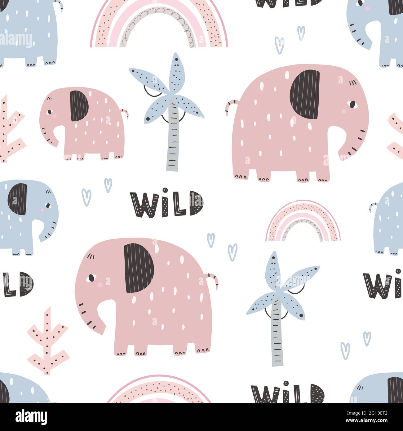 Niedliches Elefantenmuster – handgezeichnetes, nahtloses Muster mit kindlichem Muster. Vektorgrafik Digitales Papier Stock Vektor